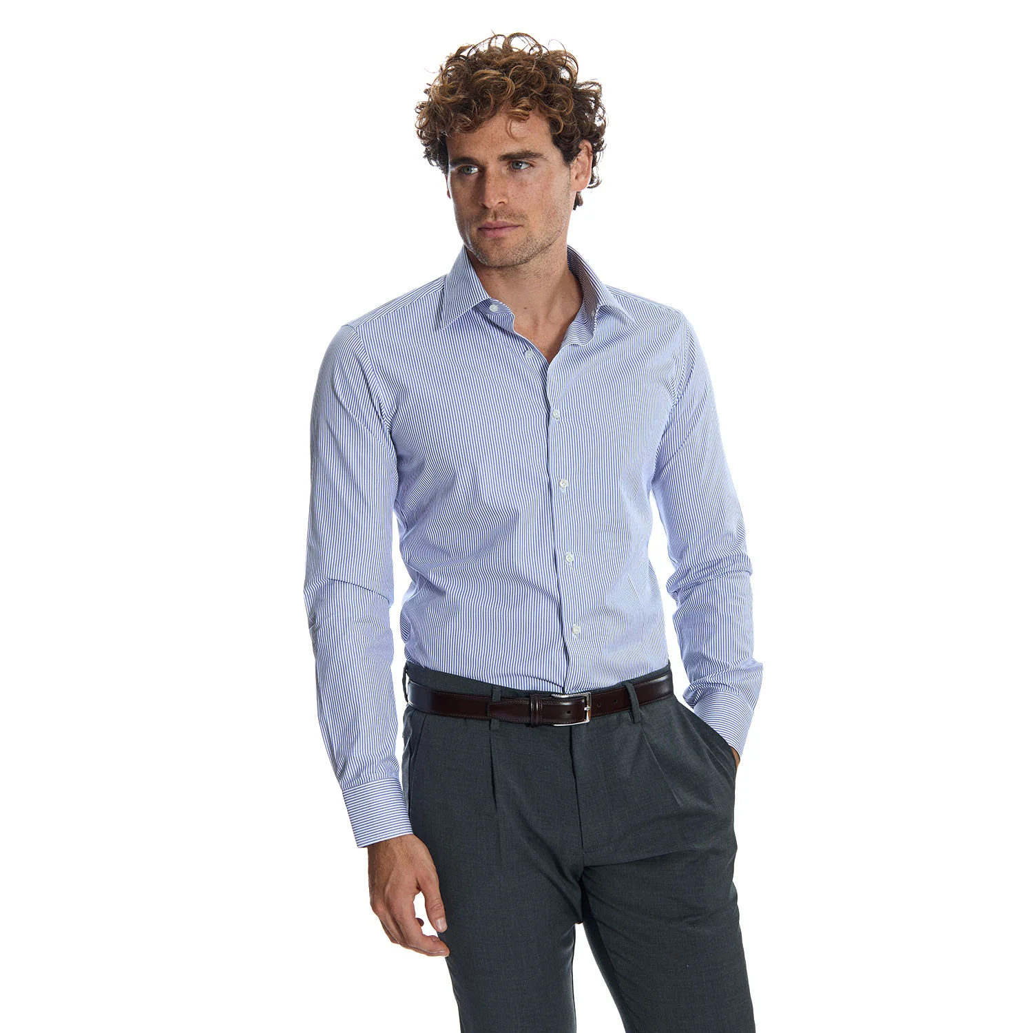 SLIM WHITE AND BLUE STRIPED CLASSIC SHIRT - Image 9